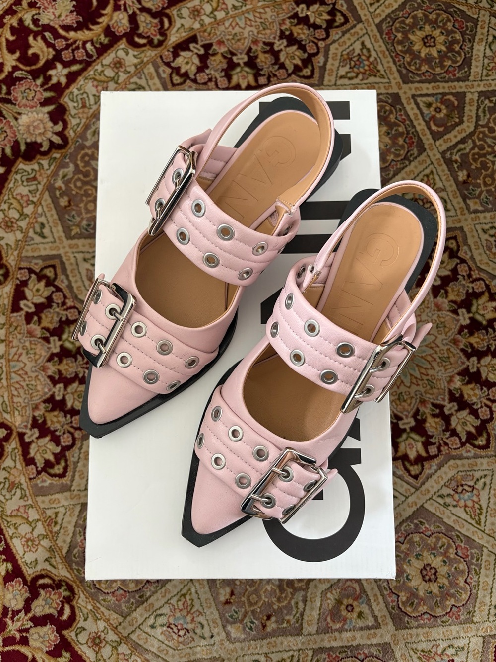 Ganni Pink Pointed Toe Slingback Flats with Studded Buckles